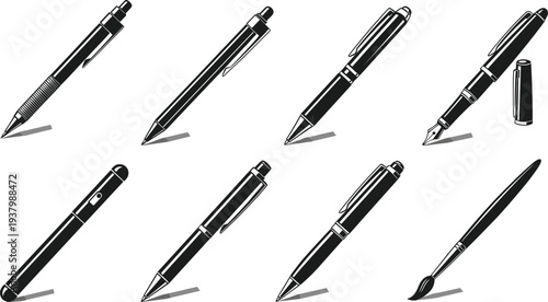 Set of Professional Pen and Brush Silhouettes Featuring Fountain Pen Ballpoint Marker and Paintbrush Icons for Office Stationery Supply and Artistic Creative Design Projects