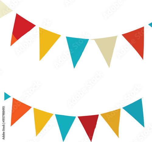 Colorful triangular bunting flags garland set isolated on white background, festive decoration elements for party, celebration, birthday, wedding, holiday, and event 