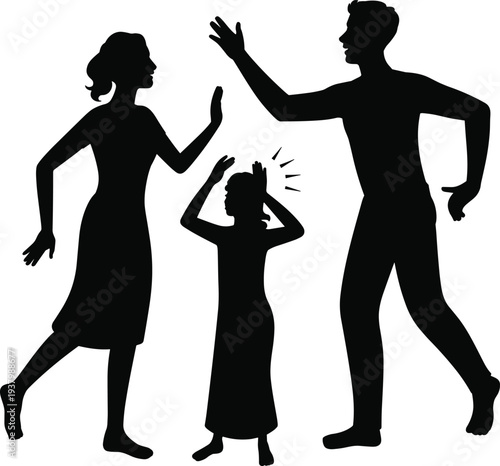Family argument silhouettes parents shouting at each other with scared child domestic conflict stress parenting problem flat vector illustration