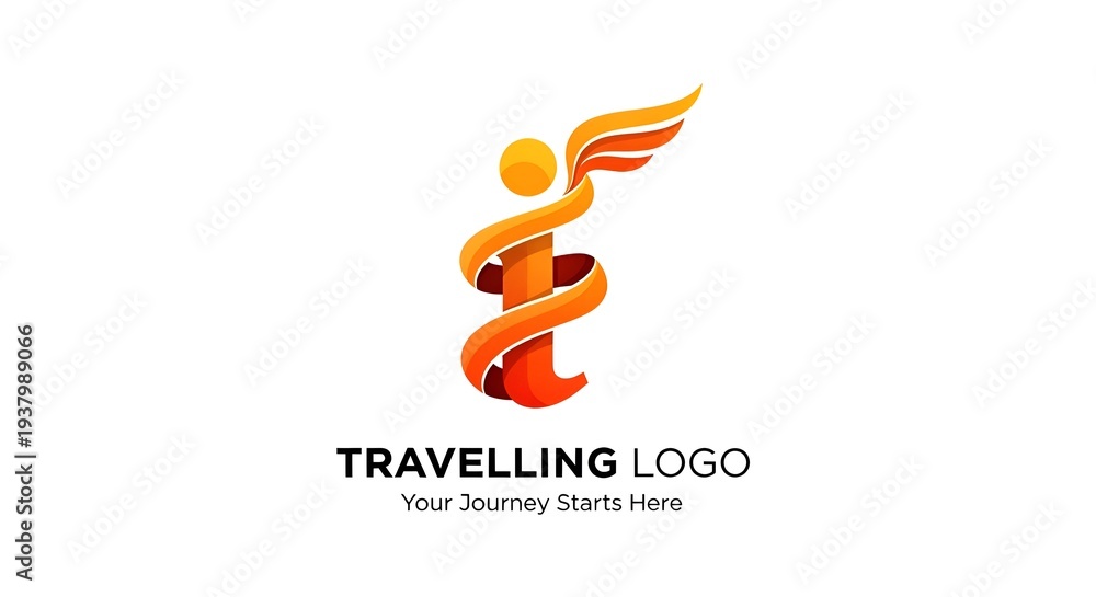 Obraz premium Travel logo design with golden wings and red ribbon symbolizing journey and adventure for business branding
