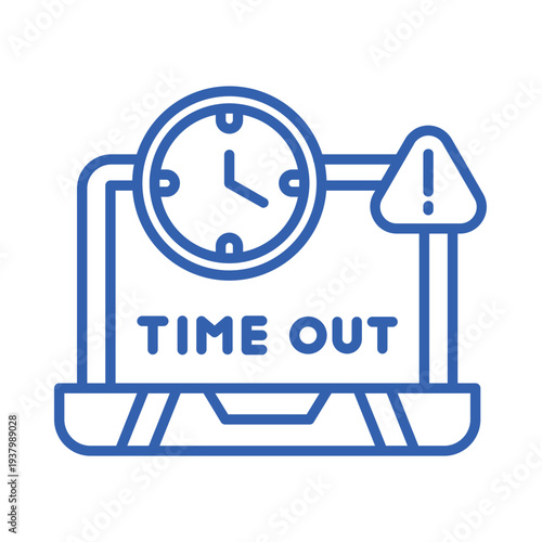 blue line icon of laptop with clock and warning sign