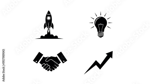 Business growth icons featuring rocket launch lightbulb handshake and rising success arrow