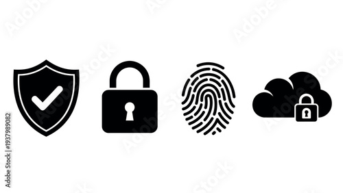 Cyber security icons set including shield lock fingerprint and secure cloud storage sign