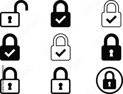 padlock security icons set, locked and unlocked padlock symbols with check marks, cybersecurity protection concept flat vector illustration