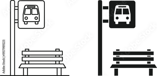 bus stop sign icon set bench waiting station public transport pole board vehicle outline filled black white vector illustration