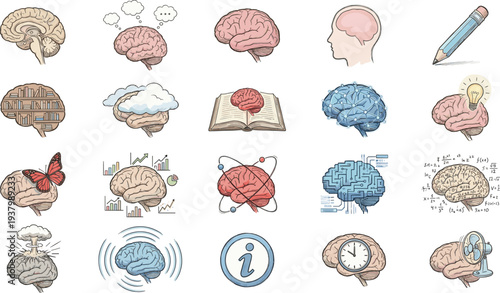 human brain concept icons set, creativity intelligence learning neuroscience symbols, education psychology thinking process collection flat vector illustration