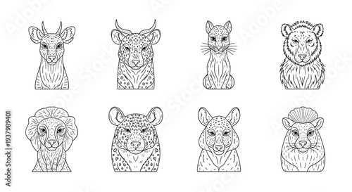 Collection of stylized animal portraits in black and white line art style
