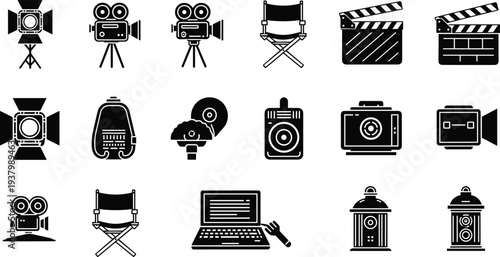 Set of twenty black-and-white film production and media equipment icons including cameras, clapperboards, microphones, and studio lights for entertainment, video, and design projects