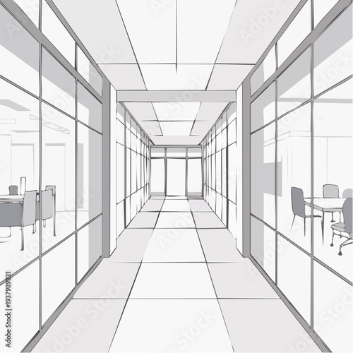modern office interior hallway with glass walls and meeting rooms