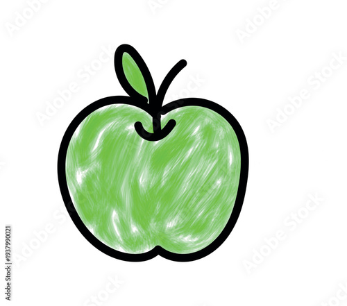 Simple handdrawn green apple cartoon illustration with a fresh leaf and stem representing healthy organic food