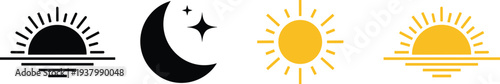 Sun and moon weather icon set with sunrise, night crescent, bright sunshine and sunset symbols isolated on white background