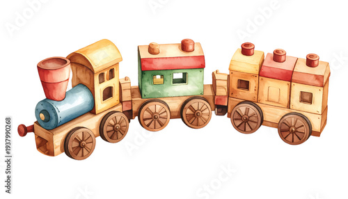 Watercolor wooden train toy vector illustration transparent background objects for kids