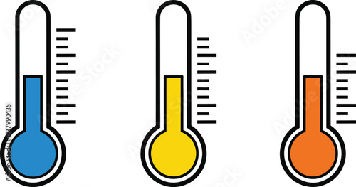 Thermometer temperature level icons set showing cold, warm and hot measurements, colorful weather and climate indicators isolated on gray background