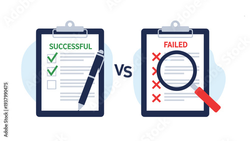 Comparison of a successful checklist with green marks versus a failed one under a magnifying glass for business audit or assessment.