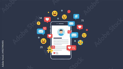 Smartphone screen is surrounded by various social media notification icons like hearts, envelopes, and hashtags to show engagement.