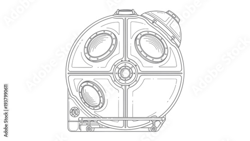 Abstract Futuristic Machine: A detailed, artistic illustration of an abstract, futuristic machine featuring circular windows and intricate mechanical elements, rendered with a clean, technical style.