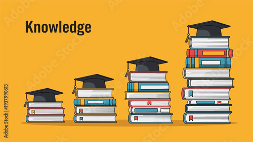 Educational progress and academic success represented by four stacks of books of varying heights topped with black graduation mortarboards.