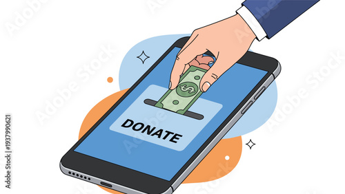 Online charity and digital philanthropy concept showing a human hand inserting a dollar bill into a donation slot on a smartphone screen.