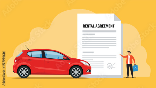 Car rental service concept featuring a red vehicle next to a large agreement document and a person holding a shopping bag on yellow ground.