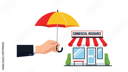 Business protection and commercial insurance concept showing a hand holding an umbrella over a retail storefront to symbolize safety.