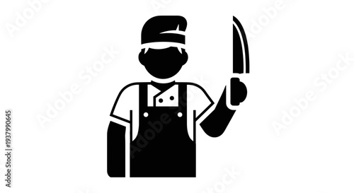 Butcher Wearing Apron Holding Knife.