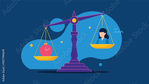 Balance scale weighing personal time represented by an alarm clock against a person icon to illustrate the concept of work-life harmony.