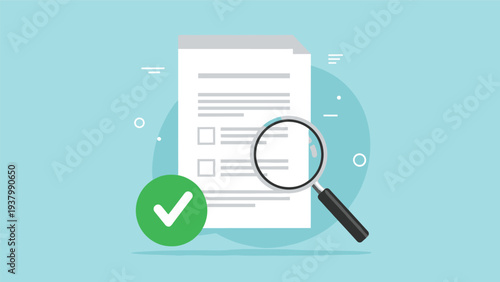 Document verification and quality assurance concept showing a report with a magnifying glass and a large green checkmark for validation.