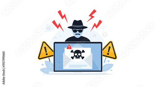 Cybercrime and phishing email threat represented by a hacker figure behind a laptop displaying a skull icon and warning alert symbols.