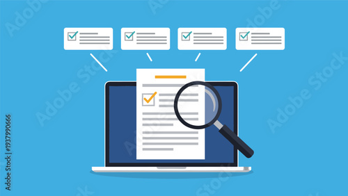 Digital data audit and information verification shown on a laptop screen with a magnifying glass and floating icons for completed tasks.