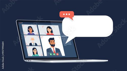 Remote work and online video conference concept showing a laptop with several participant tiles and a speech bubble for communication.