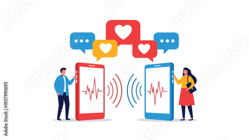 Online dating and digital connection concept featuring two people standing next to large smartphones with heart and message icons above.