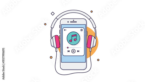 Digital music streaming and podcast concept featuring a smartphone with an audio player interface and headphones on a white background.