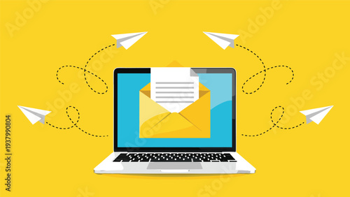Global email communication concept featuring a laptop with an open envelope on the screen and paper planes flying in different directions.