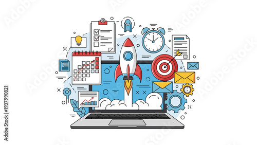 Business planning and startup growth concept featuring a laptop with a rocket launch surrounded by productivity, target, and mail icons.