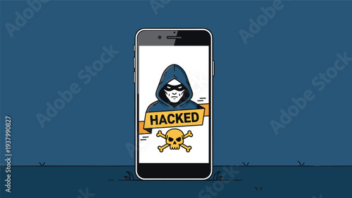 Cyberattack and mobile hacking concept featuring a smartphone screen showing a hooded figure and a hacked banner with a skull and crossbones.