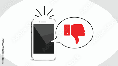 Mobile feedback concept shows smartphone screen with speech bubble containing red thumbs down icon for negative review.