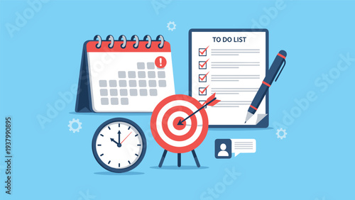 Effective time management tools including target, clock, calendar, and checklist represent productivity and goal setting.