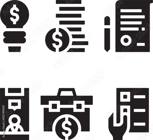 Business Finance and Contract Glyph Icon Set, Set of Business Finance and Contract Glyph Icons Vector Illustration