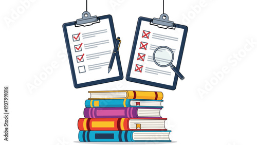 Educational assessment and grading shown with stack of books and clipboards containing checkmarks and red cross marks.