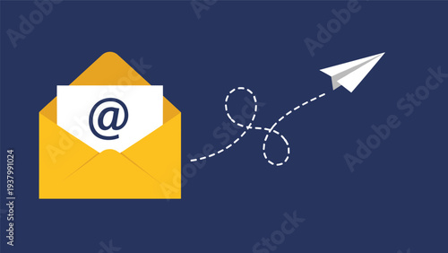 Email delivery concept features paper plane trail leading to open yellow envelope with document for digital messaging.