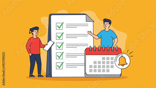 Schedule management involves two people standing by giant checklist and calendar with alarm bell for appointment planning.