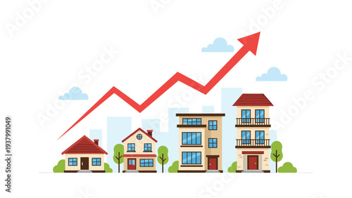 Real estate market growth shown by red arrow trending upwards over various residential buildings and suburban houses.