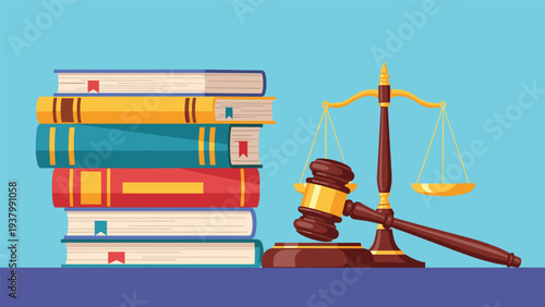 Legal justice system represented by stack of law books next to wooden judge gavel and golden scales of fairness.