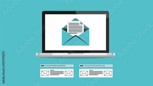 Incoming email notification on laptop screen shows teal envelope with document inside for online business communication.