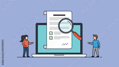 Digital document review on laptop screen with magnifying glass and two people symbolizes professional auditing and verification.
