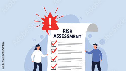 Professional risk assessment involves two people reviewing large checklist with red warning bubble for safety evaluation.