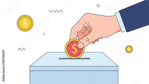Charitable donation concept shows hand putting gold dollar coin into slot of collection box for social support.