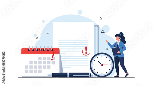 Workplace deadline stress shows woman by large document with calendar and clock indicating urgent time management.