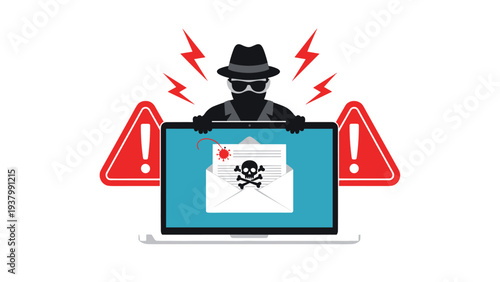 Email security threat with hacker behind laptop screen showing infected message with skull icon and warning signs.