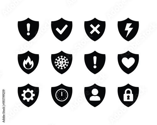 Shield Security Icon Set, Protection Alert Check Cross Fire and Lightning Shield Symbols Vector Collection